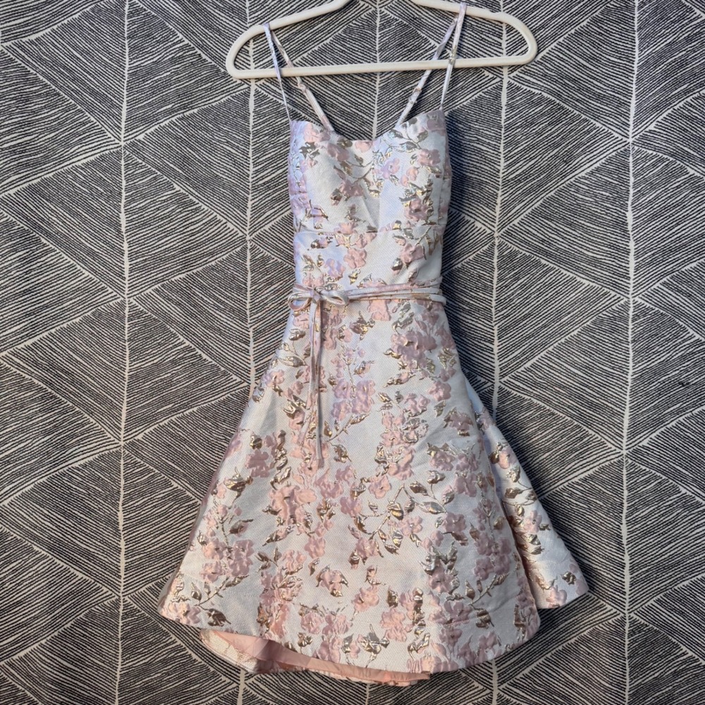 Coquette Floral Brocade Fit & Flare Dress Lace Up Back Pink Gold‎ Size 11 /12